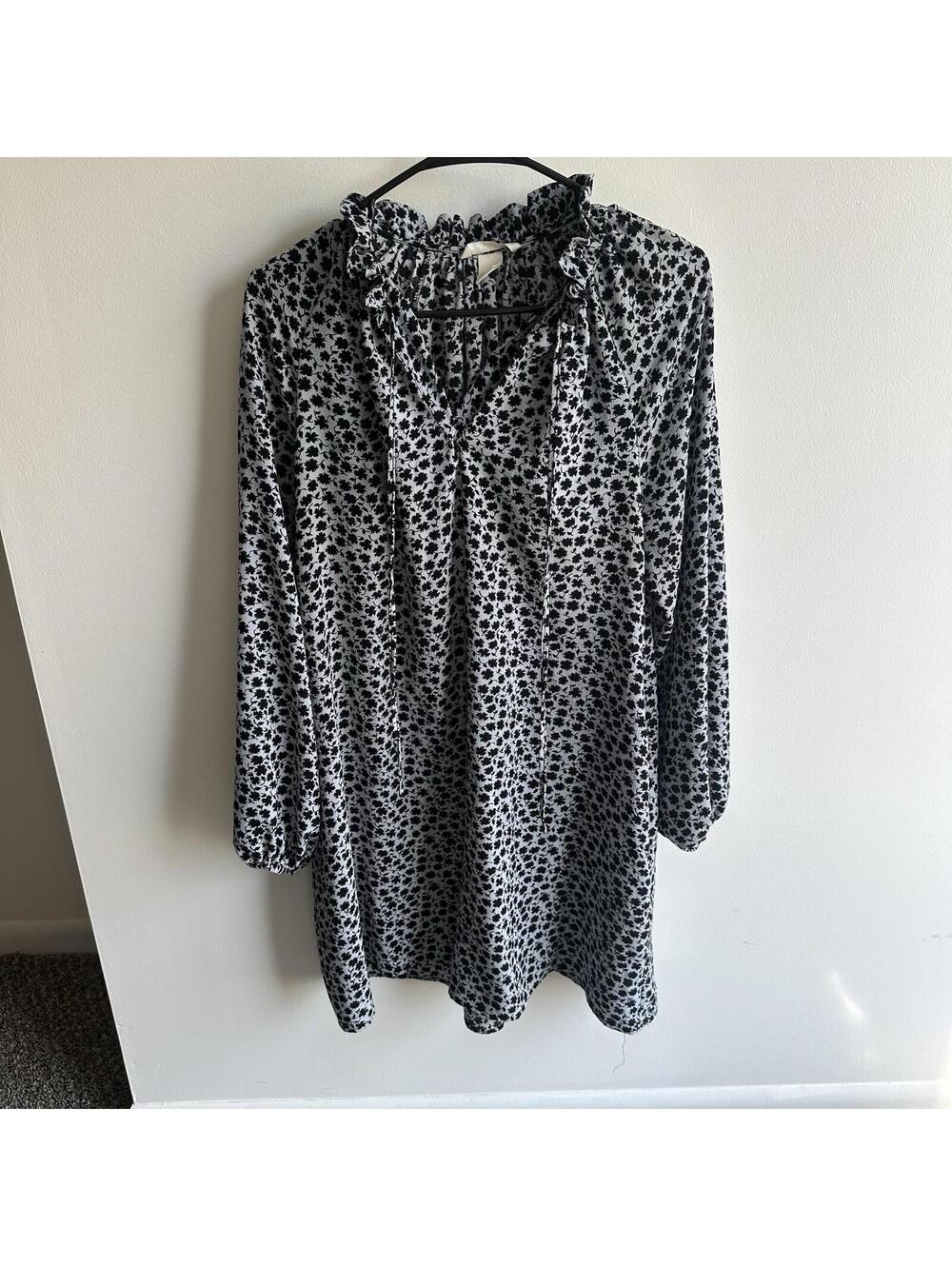 H&M Blue & Black Floral Print Long Sleeve Dress With String To Tie Size 6